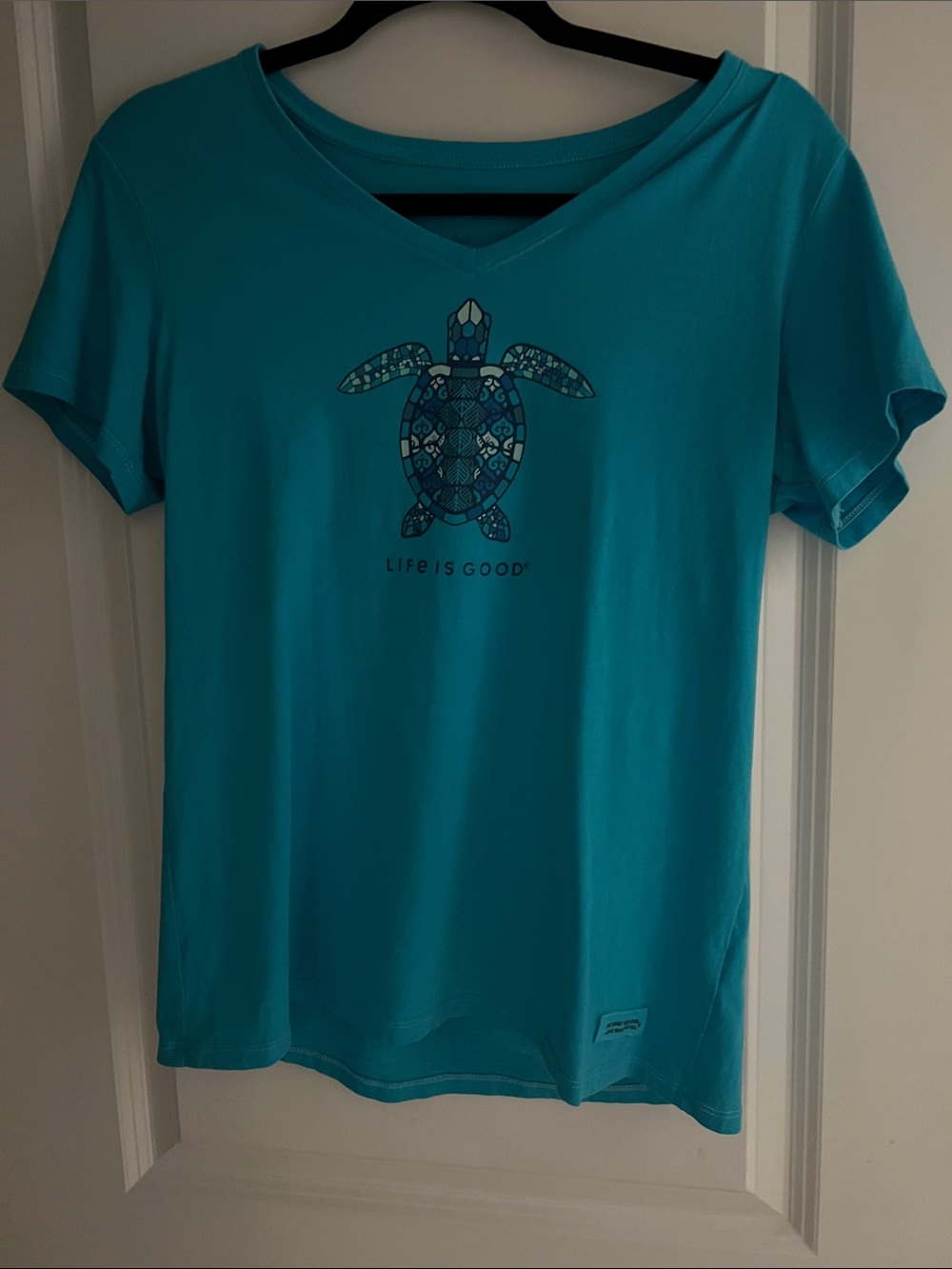 Life Is Good Teal V-Neck Tee with Turtle Graphic
